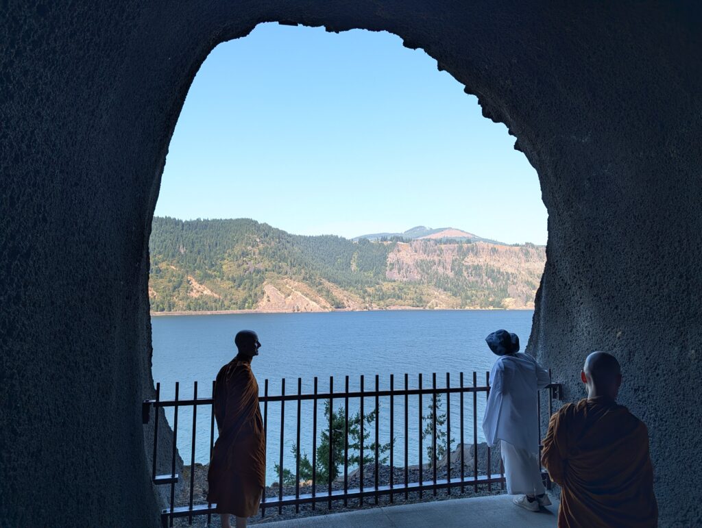 Photo: Visiting monastics at the Mitchell Point Tunnel looking across the Columbia River at Underwood, Washington.